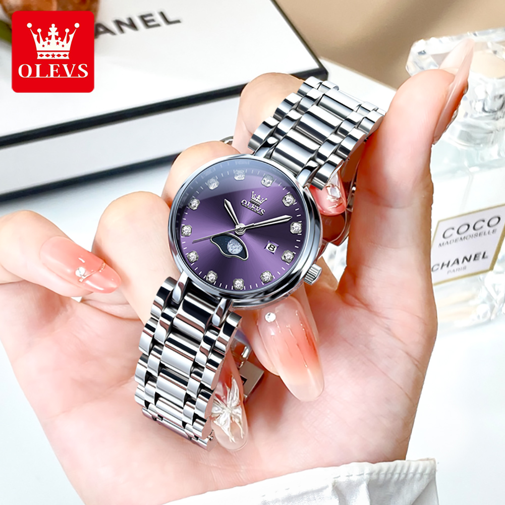 Luxury Watch Moon Phase - OLEVS Elegant Fashion Purple Rhinestone Dial