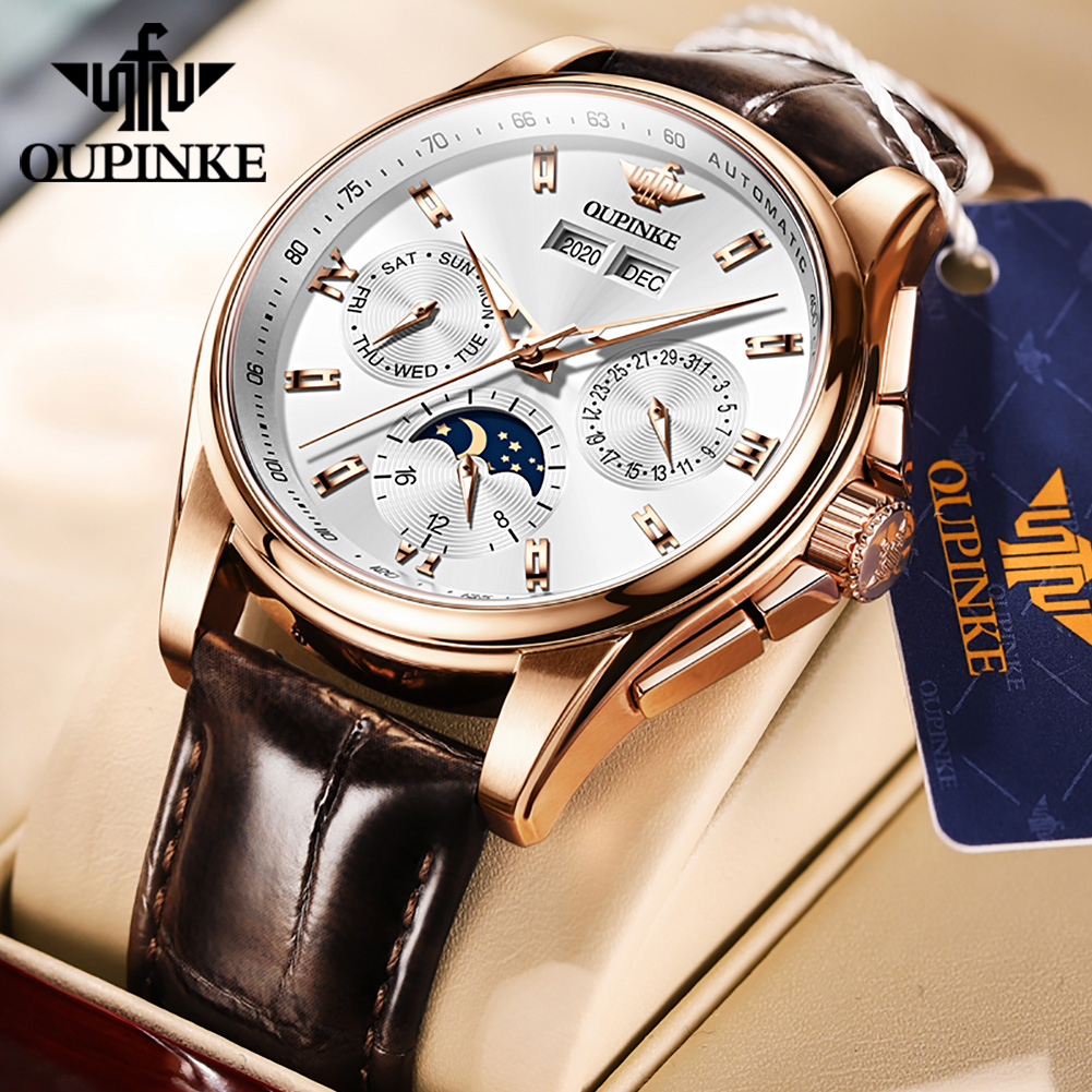 Sapphire Crystal Display - OUPINKE Men's Watches Casual Trend Leather